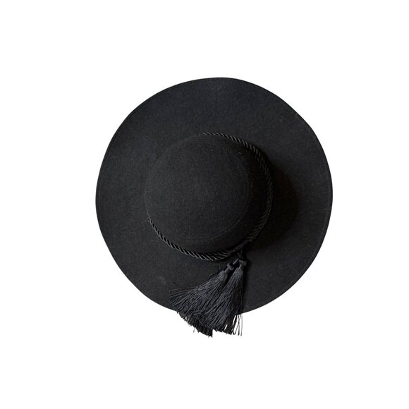 Blk Guess Wool Felt Balero Saturno Wide-Brimmed Hat Braided Cord Tassel Western - Picture 1 of 7